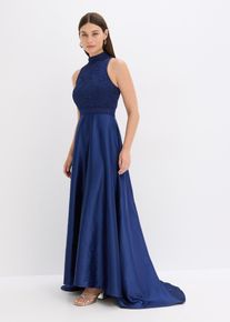 Maxikleid aus glänzendem Satin mit Spitze in blau, Grösse 46, bonprix
