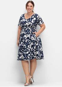 sheego Witt Damen Cocktailkleid mit Blumenprint und Stoffg&uuml;rtel, marine-gemustert, Gr&ouml;&szlig;e 54, 97% Baumwolle, 3% Elasthan