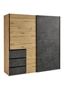 CARRYHOME Schwebetürenschrank , Dunkelgrau, Eiche Artisan , Metall, Kunststoff , Betonoptik , 3 Fächer , 3 Schubladen , 200x200x61 cm , Typenauswahl,