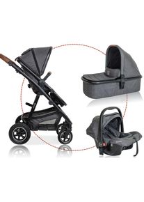 BABYGO Kombi-Kinderwagen »Simplex AIR 3in1, Grey melange«, 15 kg, inkl. Babywanne + Matratze, Sportaufsatz, Babyschale & Wickeltasche grau