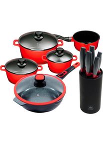 King Topf-Set »Click-Grip«, Aluminiumguss, (Set, 11 tlg., 4Töpfe, 3 Deckel, 1 Bratpfanne + Deckel, Messerblock mit 5tlg Messer-Set), Induktion rot