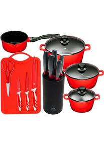 King Topf-Set »Aluguss Red«, Aluminiumguss, (Set, 15 tlg., 4Töpfe, 3 Deckel, 1 Messerblock, 5 Kochmesser, Messer-Set + Schneidebrett), Induktion rot