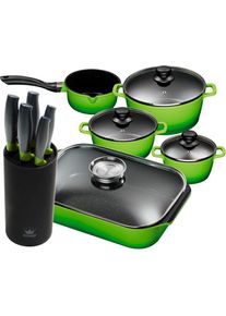 King Topf-Set, Aluminiumguss, (Set, 11 tlg., 4 Töpfe, 3 Deckel, Bräter, 1 Messerblock, 5 Kochmesser), Induktion grün