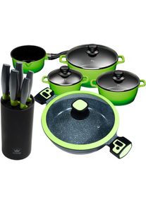 King Topf-Set, Aluminiumguss, (Set, 11 tlg., 4 Töpfe, 1 Servierpfanne, 4 Deckel, 1 Messerblock, 5 Kochmesser), Induktion grün