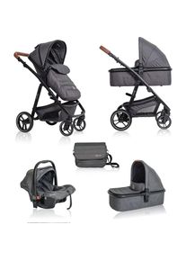 BABYGO Kombi-Kinderwagen »Simplex 3in1 Pram, Grey melange«, 15 kg, inkl. Babywanne + Matratze, Sportaufsatz, Babyschale & Wickeltasche grau