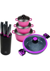 King Topf-Set »Berry«, Aluminiumguss, (Set, 10 tlg., 3 Töpfe, 3 Deckel, 1Servierpfanne m. Deckel, Messerblock mit 5 Messern), Induktion lila beere