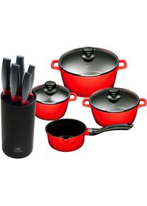 King Topf-Set, Aluminiumguss, (Set, 10 tlg., 4 Töpfe, 3 Deckel, 1 Messerblock, 5 Kochmesser), Induktion rot