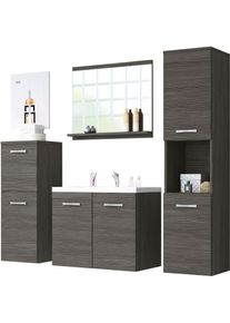 Welltime Badmöbel-Set »PARLA«, (Komplett-Set, 5 St.), Waschtisch inkl. Waschbecken, Spiegel, Hochschrank und Hängeschrank grau eichefarben...