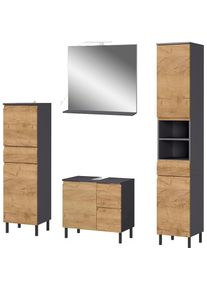 Germania Badmöbel-Set »Scantic«, (Set, 4 St.), aus Midischrank, Spiegel, Waschbeckenunterschrank, Hochschrank grau Graphit/Grandson-Eiche-Nachbildung