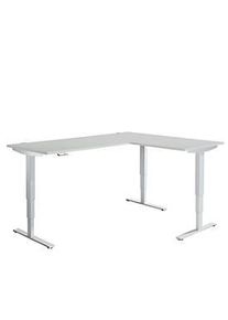 Schäfer Shop Winkelschreibtisch AERO FLEX, elektrisch höhenverstellbar, 90° Winkel, T-Fuss, B 2000 x T 1600 mm, lichtgrau/weissalu + Memorypanel