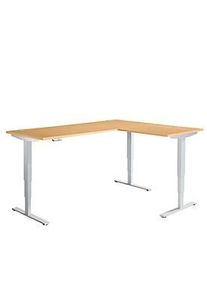 Schäfer Shop Winkelschreibtisch AERO FLEX, elektrisch höhenverstellbar, 90° Winkel, T-Fuss, B 2000 x T 1600 mm, Buche/weissalu + Memorypanel