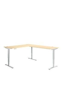 Schäfer Shop Winkelschreibtisch AERO FLEX, elektrisch höhenverstellbar, 90° Winkel, T-Fuss, B 2000 x T 2400 mm, Ahorn/weissalu + Memorypanel