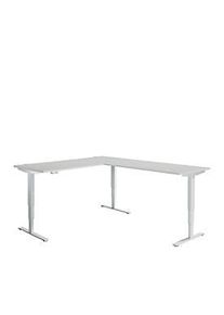 Schäfer Shop Winkelschreibtisch AERO FLEX, elektrisch höhenverstellbar, 90° Winkel, T-Fuss, B 2000 x T 2400 mm, lichtgrau/weissalu + Memorypanel