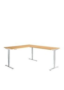 Schäfer Shop Winkelschreibtisch AERO FLEX, elektrisch höhenverstellbar, 90° Winkel, T-Fuss, B 2000 x T 2400 mm, Buche/weissalu + Memorypanel