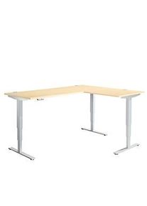 Schäfer Shop Winkelschreibtisch AERO FLEX, elektrisch höhenverstellbar, 90° Winkel, T-Fuss, B 2000 x T 1600 mm, Ahorn/weissalu + Memorypanel