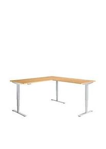 Schäfer Shop Winkelschreibtisch AERO FLEX, elektrisch höhenverstellbar, 90° Winkel, T-Fuss, B 2000 x T 2000 mm, Buche/weissalu + Memorypanel