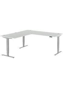 Schäfer Shop Winkelschreibtisch AERO FLEX, elektrisch höhenverstellbar, 90° Winkel, T-Fuss, B 2000 x T 2000 mm, lichtgrau/weissalu + Memorypanel