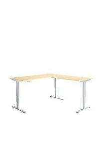 Schäfer Shop Winkelschreibtisch AERO FLEX, elektrisch höhenverstellbar, 90° Winkel, T-Fuss, B 2000 x T 2000 mm, Ahorn/weissalu + Memorypanel