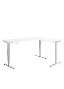 Schäfer Shop Winkelschreibtisch AERO FLEX, elektrisch höhenverstellbar, 90° Winkel, T-Fuss, B 2000 x T 1600 mm, weiss/weissalu + Memorypanel