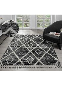 Teppich »Otilie« rechteckig 11 mm Höhe dichte Qualität, Woll-Look, Boho, mit Fransen und Rauten, Scandi , schwarz , my home , Obermaterial: 70%...