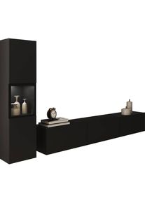 P & B Wohnwand , Schwarz , Glas, Holzwerkstoff , 2-teilig , 4 F&auml;cher , kaltweiss , 210x130x32.5 cm , FSC , stehend, h&auml;ngend, Beleuchtung, spiegelbildliche Montage m&ouml;glich , Wohnzimmer, Wohnw&auml;nde, Komplette Wohnw&auml;nde