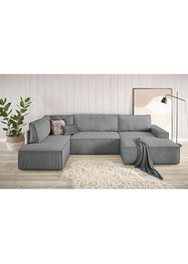 Wohnlandschaft »SHERWOOD 329 cm, U-Form, Schlafsofa,« Schlaffunktion m. Bettkasten (194x139 cm), Cord, Vintage, Samtvelours , grau , Home Affaire