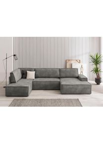 Wohnlandschaft »SHERWOOD 329 cm, U-Form, Schlafsofa,« Schlaffunktion m. Bettkasten (194x139 cm), Cord, Vintage, Samtvelours , grau , Home Affaire