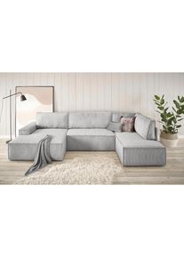 Wohnlandschaft »SHERWOOD 329 cm, U-Form, Schlafsofa,« Schlaffunktion m. Bettkasten (194x139 cm), Cord, Vintage, Samtvelours , grau , Home Affaire