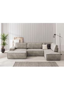 Wohnlandschaft »SHERWOOD 329 cm, U-Form, Schlafsofa,« Schlaffunktion m. Bettkasten (194x139 cm), Cord, Vintage, Samtvelours , grau , Home Affaire
