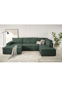 Wohnlandschaft »SHERWOOD 329 cm, U-Form, Schlafsofa,« Schlaffunktion m. Bettkasten (194x139 cm), Cord, Vintage, Samtvelours , grün , Home Affaire