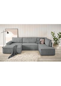 Wohnlandschaft »SHERWOOD 329 cm, U-Form, Schlafsofa,« Schlaffunktion m. Bettkasten (194x139 cm), Cord, Vintage, Samtvelours , grau , Home Affaire