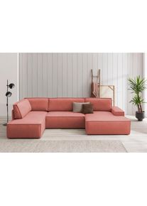 Wohnlandschaft »SHERWOOD 329 cm, U-Form, Schlafsofa,« Schlaffunktion m. Bettkasten (194x139 cm), Cord, Vintage, Samtvelours , rot , Home Affaire