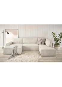 Wohnlandschaft »SHERWOOD 329 cm, U-Form, Schlafsofa,« Schlaffunktion m. Bettkasten (194x139 cm), Cord, Vintage, Samtvelours , beige , Home Affaire
