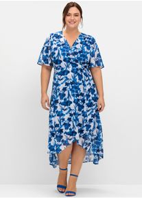 sheego Witt Damen Chiffonkleid in Wickeloptik, mit Blätterprint, kobalt-gemustert, Größe 52, 100% Polyester