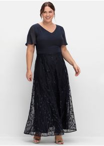 sheego Witt Damen Abendkleid mit Stickerei und Pailletten am Rock, tiefblau, Größe 54, 100% Polyester. Spitze: 100% Polyester