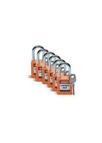 Brady Brady LOTO-8 Key Weatherproof Nylon, Steel Security Padlock, 6.35mm Shackle, 38.10mm Body - SFTY PADLOCK STEEL 38MM SHA ORANGE 6/PAC