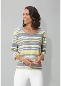 WITT Damen 3/4-Arm-Shirt mit Zierknöpfen, zitronengelb-grau-gestreift, Größe 44, 50% Baumwolle, 50% Modal