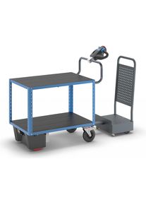 Carrello di montaggio CustomLine con azionamento elettrico, 2 ripiani con postazione di guida, grigio antracite / blu chiaro, gomma piena eurokraft