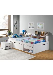 Mid.you Stauraumbett , Weiss , Holz , Kiefer,Kiefer , massiv,massiv , 10 Fächer , 4 Schubladen , 90x200 cm , FSC MIX , mit Schubkästen , Schlafzimmer,