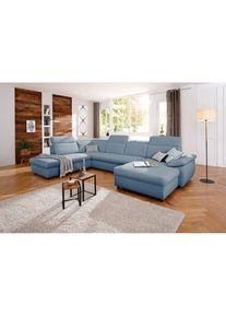 Wohnlandschaft »Mauritius U-Form« mit Kopfteil- und Armlehnverstellung, wahlweise mit Bettfunktion , blau , Home Affaire