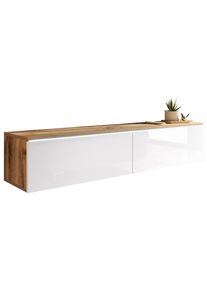 P & B Lowboard , Eiche Wotan, Weiss Hochglanz , Kunststoff , kaltweiss , 140x30x33 cm , Fsc, Made in EU , stehend, h&auml;ngend, Beleuchtung, in verschiedenen Holzdekoren erh&auml;ltlich , Wohnzimmer, TV M&ouml;bel, Lowboards, Lowboards stehend