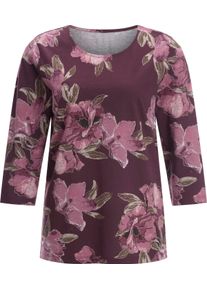Damen 3/4-Arm-Shirt allover mit Blütendessin burgund-mauve-bedruckt