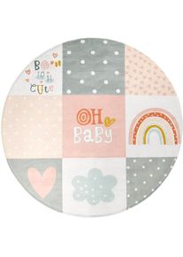 Kinderteppich »Chicos 554« rund 2 mm Höhe gewebt, Patchwork Design, mit Schriftzug & Regenbogen oder Sternen , pink , Paco Home , Obermaterial:...