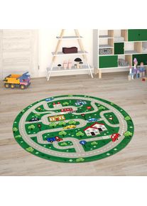 Kinderteppich »Chicos 559« rund 2 mm Höhe Flachgewebe, Strassen-Spiel-Teppich, Kinderzimmer , grün , Paco Home , Obermaterial: 100% Polyester