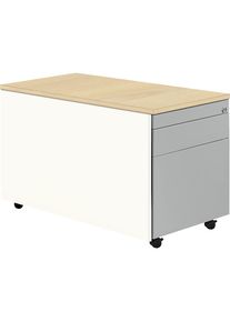 Schubladencontainer mit Rollen, HxT 529 x 800 mm, 1 Materialschub, 1 H&auml;ngeregistratur, reinwei&szlig; / wei&szlig;aluminium / Ahorn Mauser