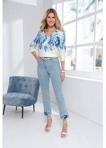 Damen Satinbluse mit elastischen &Auml;rmelabschl&uuml;ssen eisblau-champagner-bedruckt