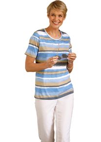 Damen Kurzarmshirt im mehrfarbigen Streifenmuster mittelblau-camel-bedruckt