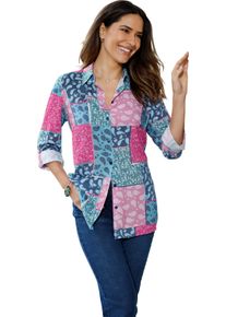 Damen Longbluse mit krempelbaren &Auml;rmeln fuchsia-jeansblau-bedruckt