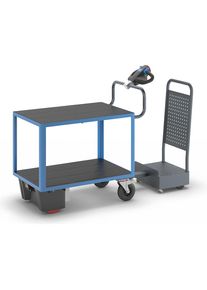 Carrello di montaggio con azionamento elettrico, 2 ripiani e postazione di guida, lungh. x largh. x alt. 1870 x 700 x 1320 mm, grigio / blu chiaro