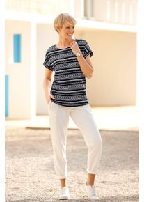 Damen Kurzarmshirt mit &uuml;berschnittenen Schultern schwarz-ecru-bedruckt